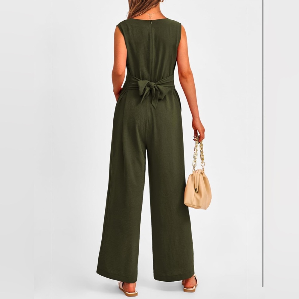 PrettyGarden Wide Leg Jumpsuit V-Neck Belted Long pants romper XL - Picture 3 of 12